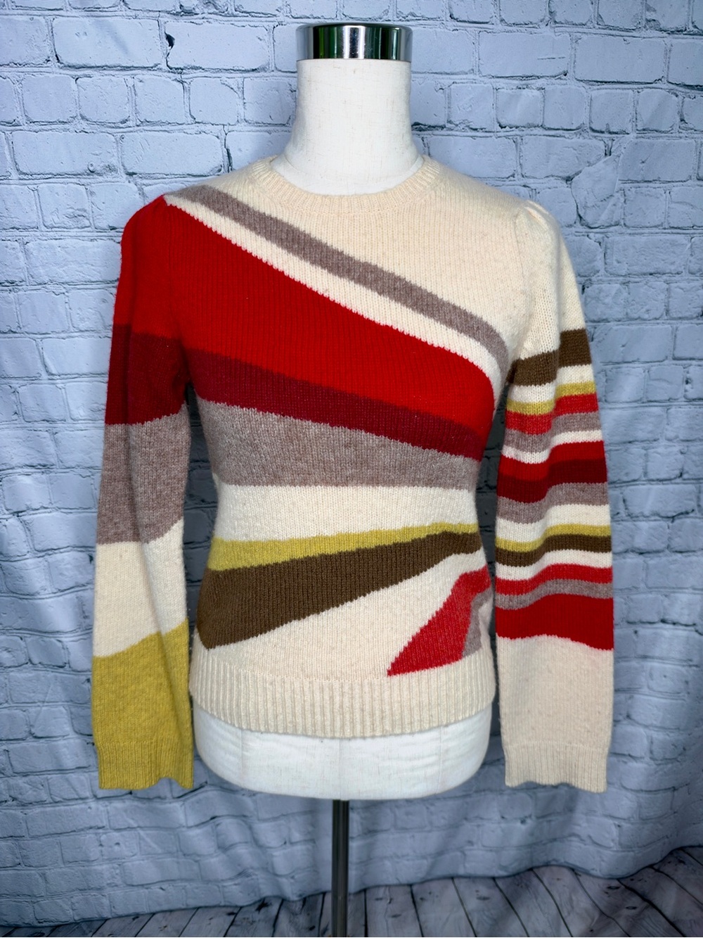 J. Crew 100% Wool Striped Sweater S Cream Red Brown Olive Crewneck